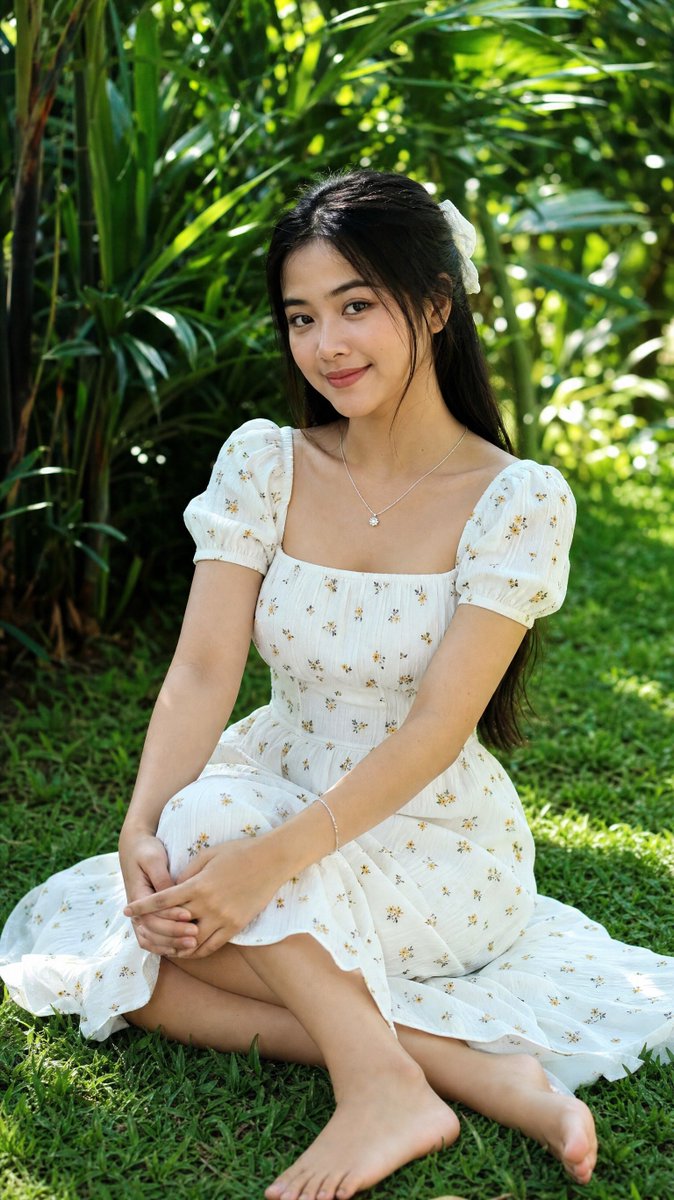 [GPT Image 2 提示词] 一位年轻的缅甸女性，长长的黑色直发用白色蕾丝发圈松松地扎起，盘腿坐在阳光明媚的花园中郁郁葱葱的绿草地上，柔和的斑驳阳光透过树叶洒落。她身穿一件…