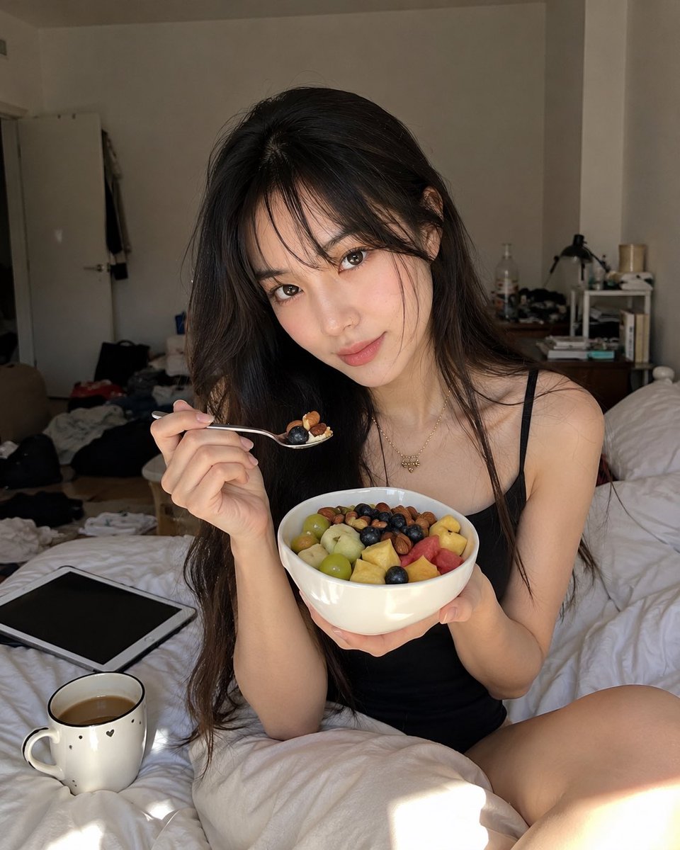 超写实 RAW 美女肖像，以上传的图片作为精确的面部参考。东南亚年轻女性，二十出头，柔和的鹅蛋脸，白皙象牙色暖中性肌肤，带有真实的毛孔和自然的水光肌光泽，浓密…