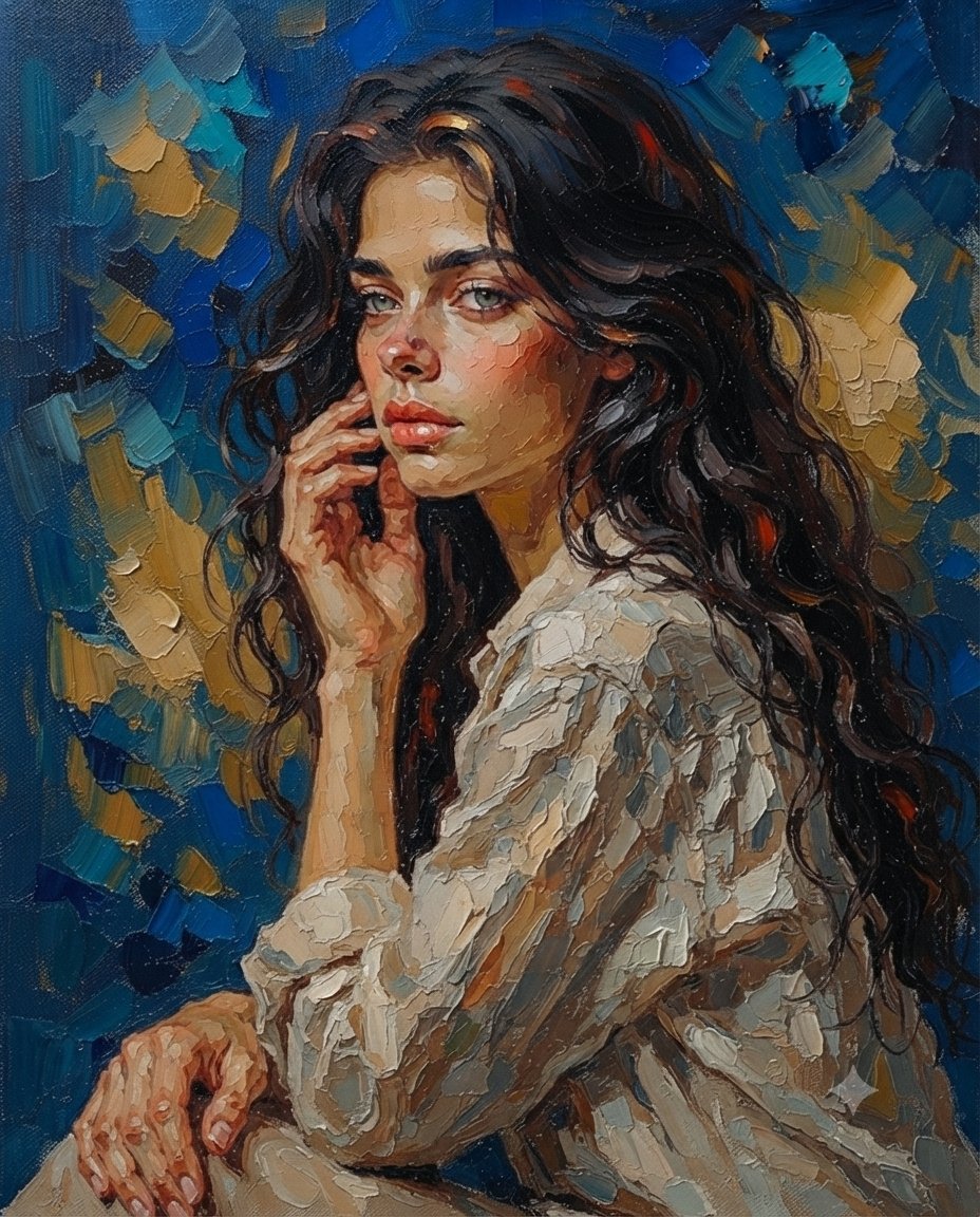 一幅引人入胜的油画肖像画,描绘了一位拥有深色波浪长卷发和富有表现力的绿褐色眼眸的女性,身穿一件带有肌理感的浅色衬衫。艺术风格以厚重、可见的厚涂笔触和浓重的画刀质感为特色,营造出富…