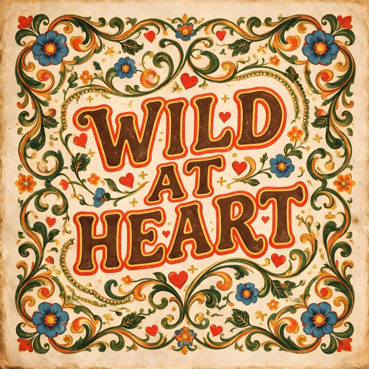 一幅复古风格的插画中,"WILD AT HEART"的字样以粗体、复古风格的字体呈现。文字周围环绕着蓝色花朵图案,花心为黄色,带有红色描边,并点缀着小红心和十…
