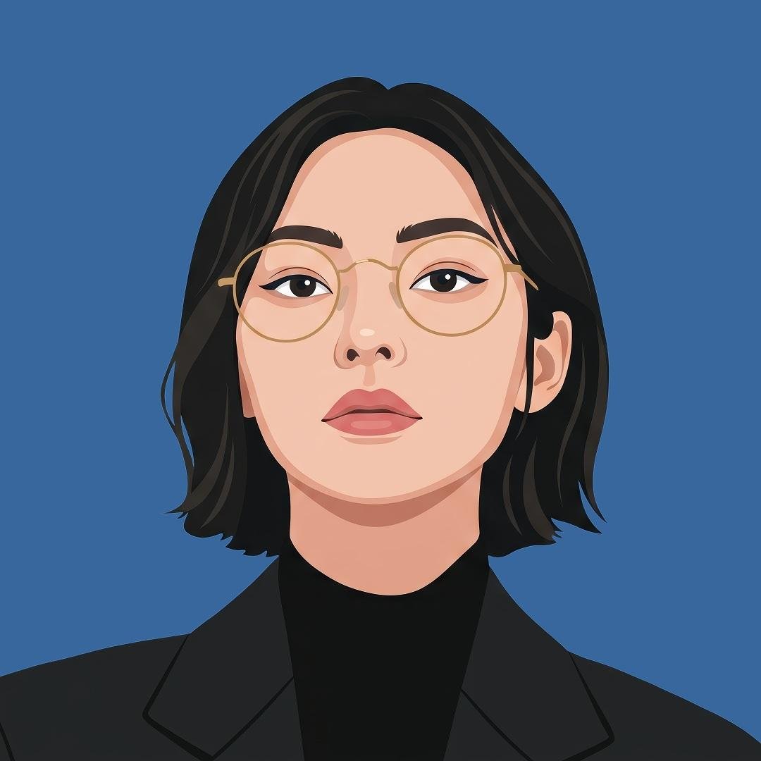 现代扁平插画风格的居中正面人像矢量肖像。干净的几何形状、平滑的渐变、清晰的轮廓、极简的面部细节、对称构图、柔和的肤色、富于表现力的眼睛、细腻的阴影，以及简单的纯色背景。主体从胸部…