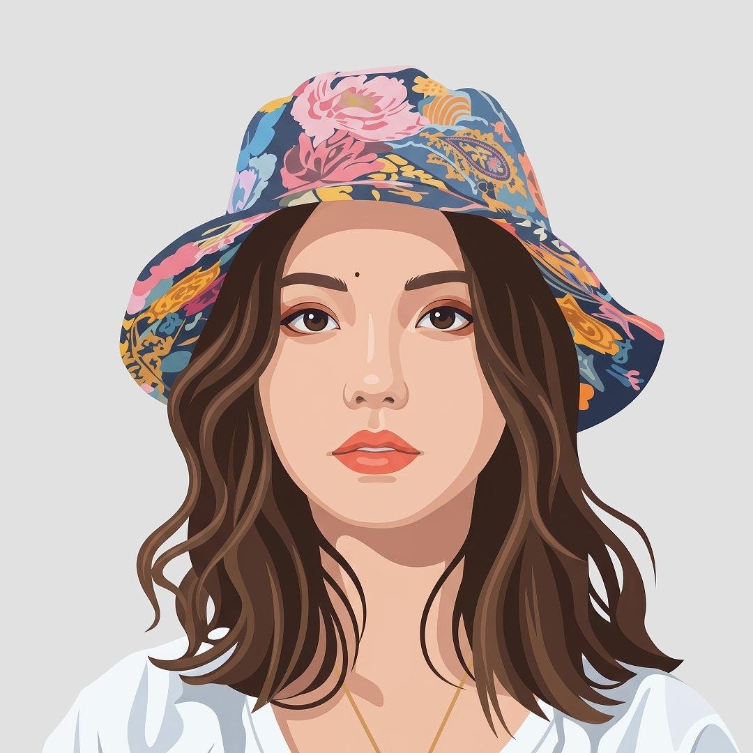 现代扁平插画风格的居中正面人像矢量肖像。干净的几何形状、平滑的渐变、清晰的轮廓、极简的面部细节、对称构图、柔和的肤色、富于表现力的眼睛、细腻的阴影，以及简单的纯色背景。主体从胸部…