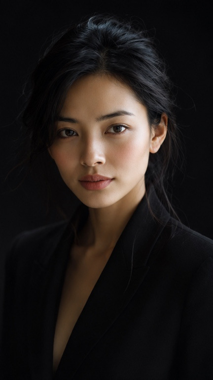 GPT Image 2 on ChatGPT Prompt⬇️⬇️⬇️ 一位年轻成年东亚女性站在纯黑色摄影棚背景前，画面为胸像近景，从胸部上方拍至头顶。人物位于画面中央略偏左，身…
