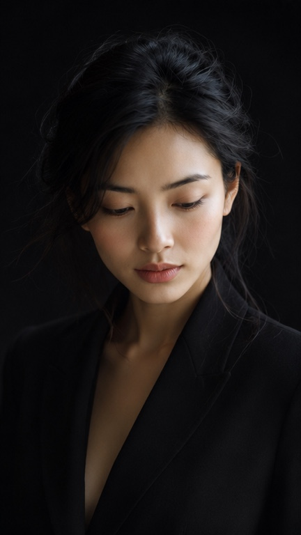 GPT Image 2 on ChatGPT Prompt⬇️⬇️⬇️ 一位年轻成年东亚女性站在纯黑色摄影棚背景前，画面为胸像近景，从胸部上方拍至头顶。人物位于画面中央略偏左，身…