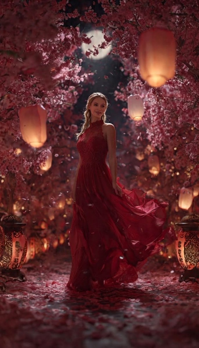 一个电影感的全身镜头,一位优雅的金发女子站在一条魔法般迷人小径的中央,小径两侧是繁茂盛开的樱花树,头顶悬挂着散发柔光的夜空明月。她身穿一件飘逸优雅的红色挂脖式晚礼服,裙摆呈喇叭状…