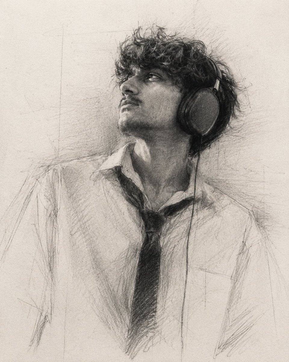 一幅极具表现力的石墨铅笔肖像画，绘于带肌理的精细艺术绘图纸上，4:5 宽高比。 以约 85–90% 的完成度进行创作,刻意保留未完成的部分、开放的轮廓线、辅助…