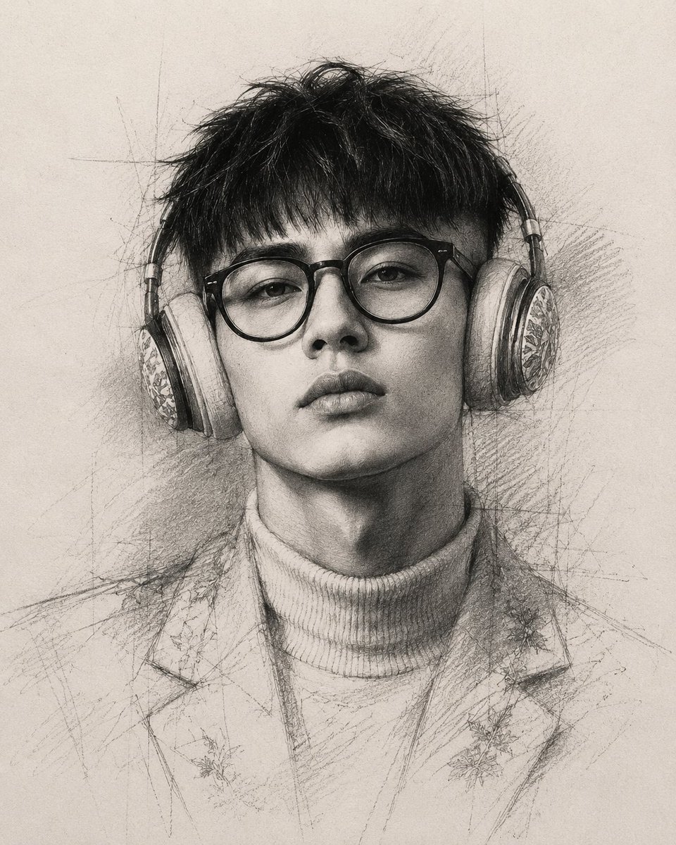 一幅极具表现力的石墨铅笔肖像画,绘于带肌理的精细艺术绘图纸上,4:5 宽高比。 以约 85–90% 的完成度进行创作,刻意保留未完成的部分、开放的轮廓线、辅助构图线以及可见的艺术…
