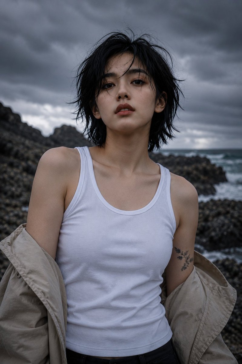 超写实编辑级时尚人像：一位年轻东亚女性站在崎岖的火山海岸线上，背景是戏剧性的风暴云，正面直视镜头，表情平静自信，嘴唇微微张开。黑色短款层次波波头发型，自然风吹…
