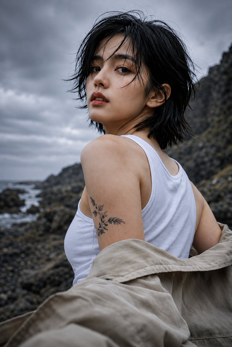 超写实编辑级时尚人像:一位年轻东亚女性站在崎岖的火山海岸线上,背景是戏剧性的风暴云,正面直视镜头,表情平静自信,嘴唇微微张开。黑色短款层次波波头发型,自然风吹起的发丝轻拂脸颊,浓…