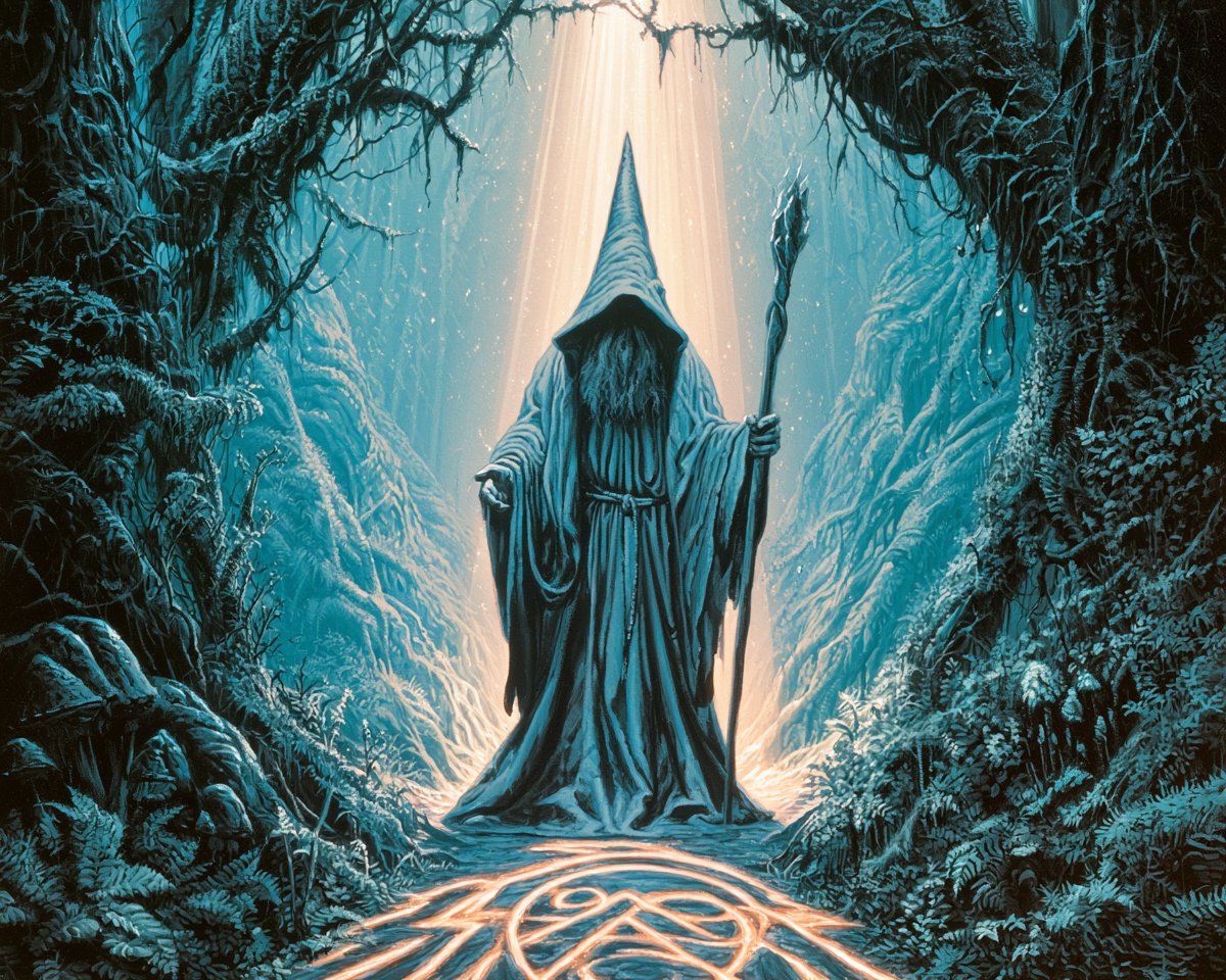 神秘的森林守护者伫立于古老的林间圣地之中，身着长长的仪式长袍，扭曲的树木形成天然拱门，地面刻有发光的符号，温暖的光线透过树冠倾泻而下，宁静而超自然的氛围 --sref 52722…