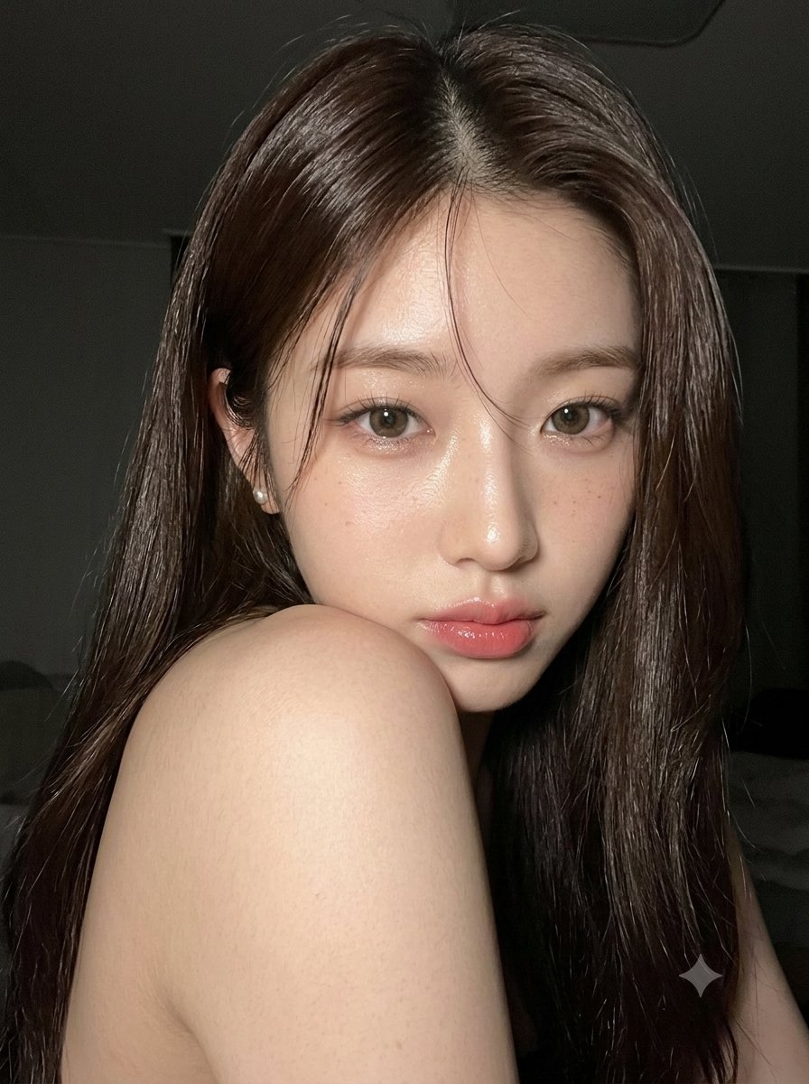 超写实特写美妆人像：一位令人惊艳的年轻东亚女性，拥有无瑕的瓷质肌肤和自然透亮的妆容，夜晚在柔光室内拍摄。她用温暖且富有表现力的深棕色眼睛直视镜头，神情平静而微…