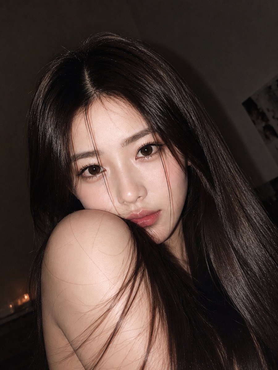 超写实特写美妆人像:一位令人惊艳的年轻东亚女性,拥有无瑕的瓷质肌肤和自然透亮的妆容,夜晚在柔光室内拍摄。她用温暖且富有表现力的深棕色眼睛直视镜头,神情平静而微妙诱人,营造出亲密迷…