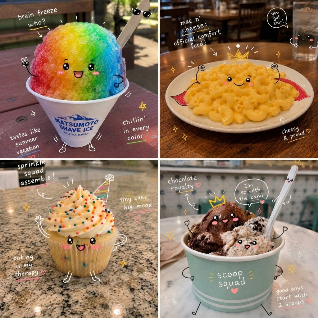 将一张食物特写照片转化为俏皮可爱的卡哇伊涂鸦风格。添加可爱的手绘卡通眼睛、微笑的嘴巴、玫瑰色的腮红、小手和小脚，让食物看起来生动而有表现力。用俏皮的白色涂鸦环…