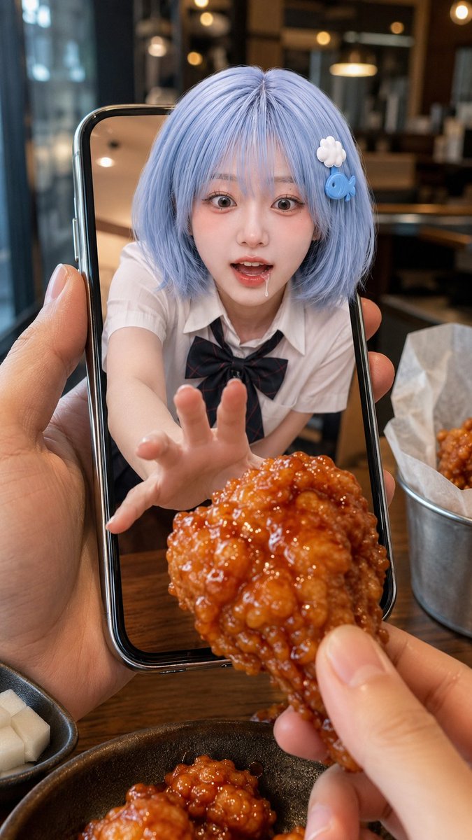 以上传的人像或角色参考图作为主要身份、发型、服装、配饰和造型参考。 在新餐厅快照场景中自然重新诠释上传的人物，同时保持其清晰可识别。不要过于字面化地复制参考图…
