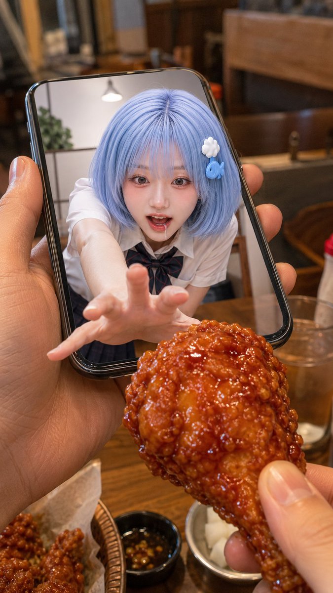 以上传的人像或角色参考图作为主要身份、发型、服装、配饰和造型参考。 在新餐厅快照场景中自然重新诠释上传的人物,同时保持其清晰可识别。不要过于字面化地复制参考图的姿势或表情。不要让…