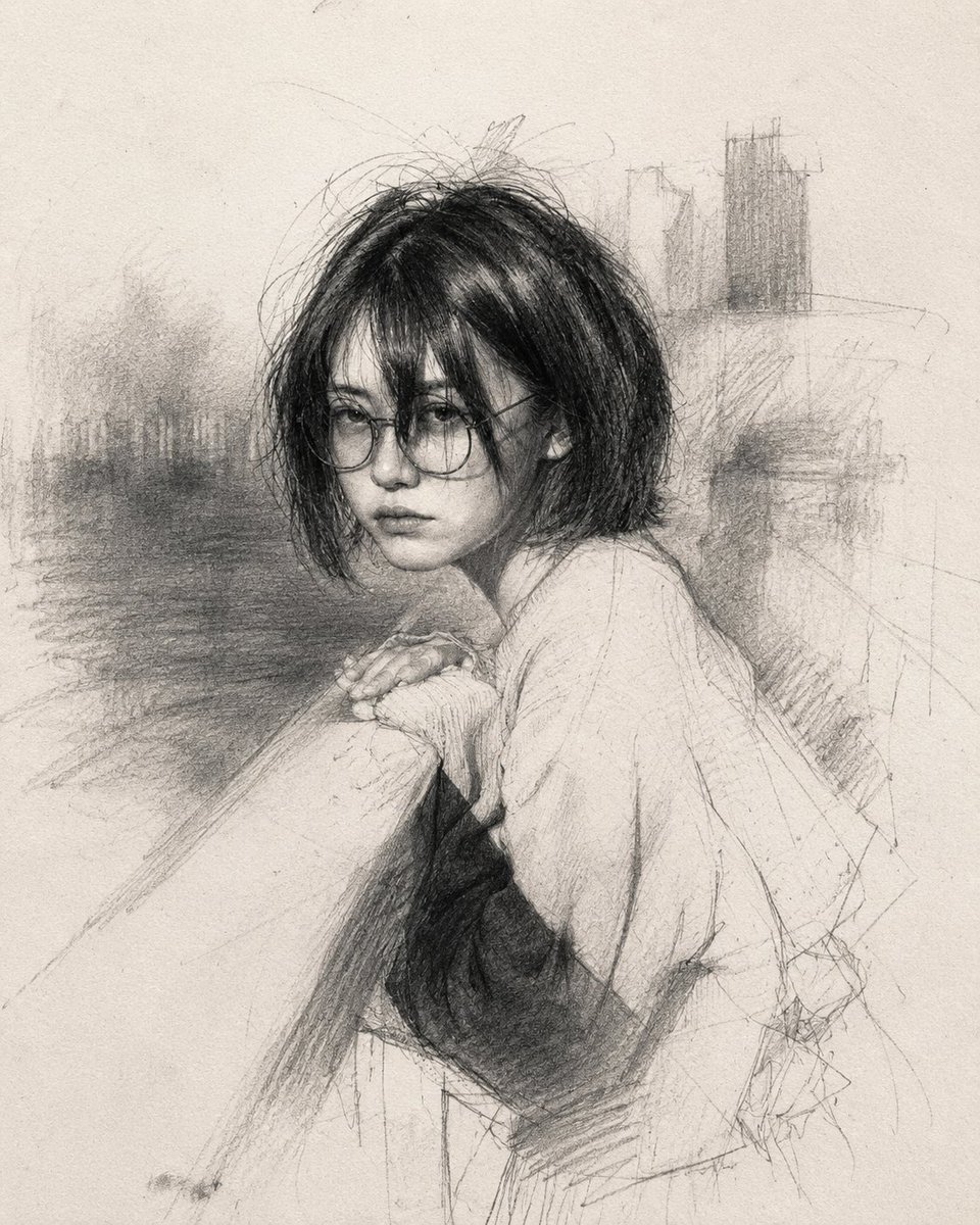 一幅极具表现力的石墨铅笔肖像画，绘制在带有纹理的高级艺术素描纸上，画幅比例为 4:5。 完成度约控制在 85%–90%，刻意保留未完成的部分、开放的轮廓线、辅助构图线以及可见的艺…