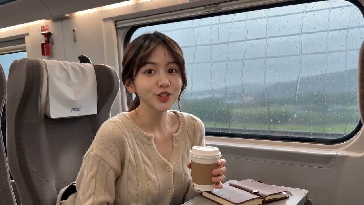 一位年轻女性（图片 = 她的脸部和头发）坐在高铁靠窗的位置，以靠近小桌板的固定机位拍摄一段真实的旅行 vlog。她对着镜头微笑，并用韩语说：“혼자 여행 시작…