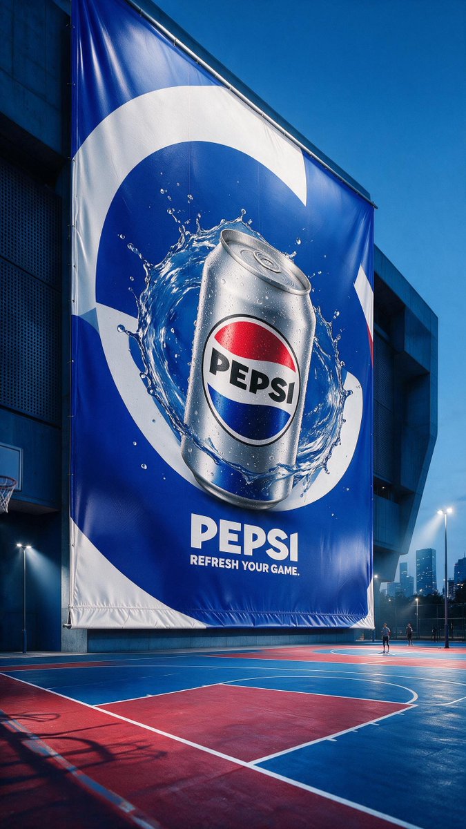 使用所提供的卷起状态的PEPSI广告牌图像，作为同一装置完全展开状态的锁定摄影底版。精确保留原始的1404×2496尺寸、裁切、低机位24mm球场角落镜头、地…
