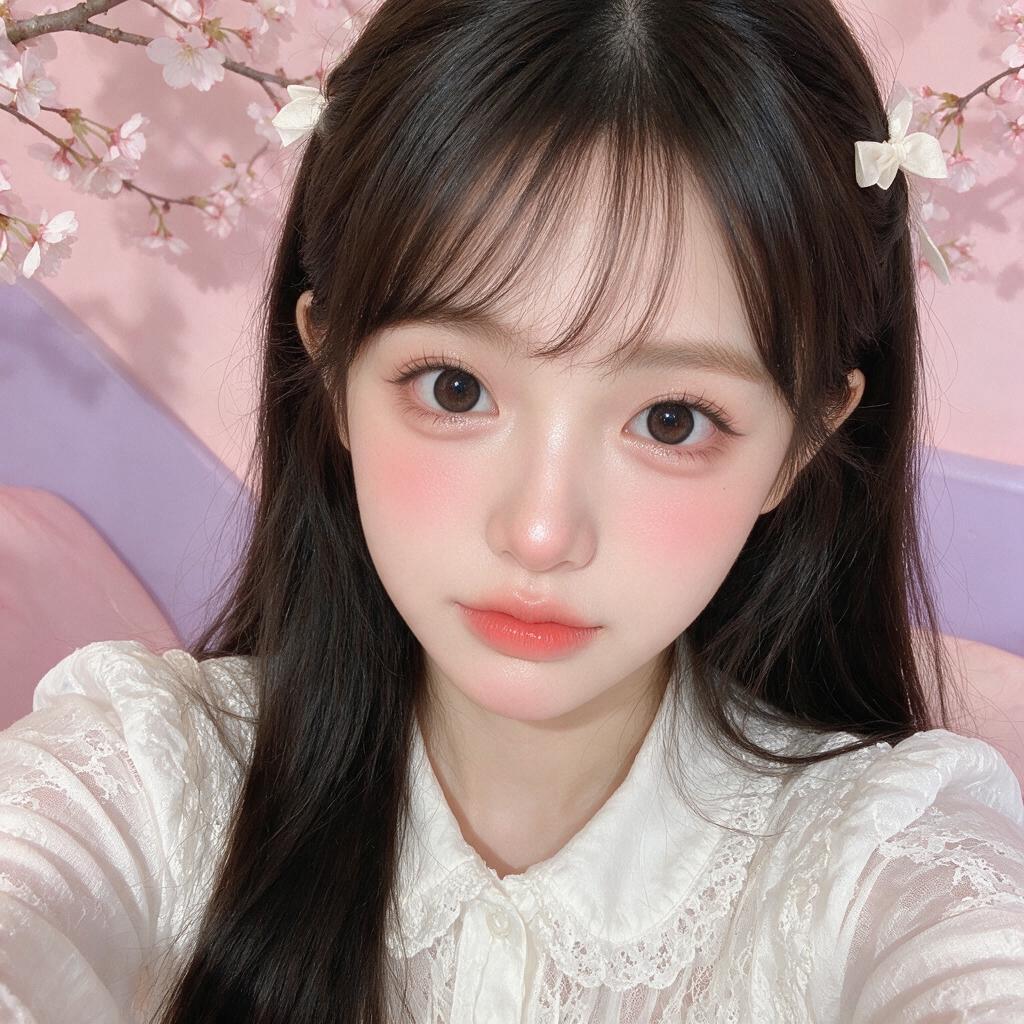 年轻亚洲女性,大而闪亮的鹿眼,柔和渐变粉色嘴唇,蓬松直眉,水光玻璃肌,粉色腮红,卧蚕闪粉,粉彩粉色服装,仙女灯背景