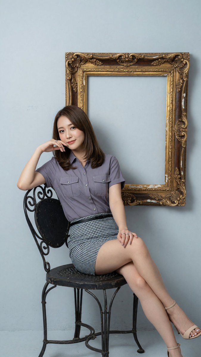 一位年轻东亚女性,留着柔软的及肩棕色长发,淡妆素雅,优雅地坐在一把复古深色金属工业椅上,双腿交叉伸展。她身穿短袖淡紫灰色纽扣衬衫,胸前有两个口袋,搭配紧身黑白格纹迷你裙和米色露趾…