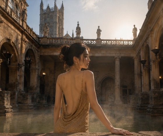 GPT Image 2 on ChatGPT Rome Bath｜3 Prompt ⬇️⬇️⬇️ 一位年轻成年东亚女性坐在英国巴斯古罗马浴场的古老石质池沿上…