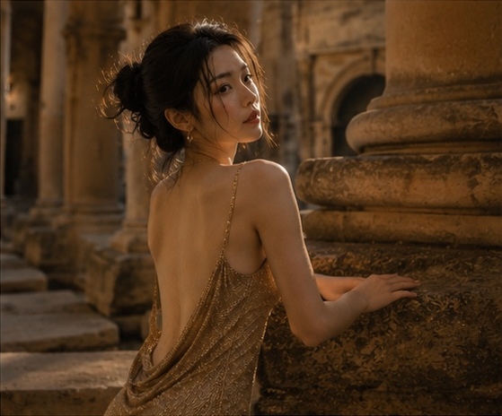 GPT Image 2 on ChatGPT Rome Bath｜3 Prompt ⬇️⬇️⬇️ 一位年轻成年东亚女性坐在英国巴斯古罗马浴场的古老石质池沿上，画面从头顶拍至小腿附…