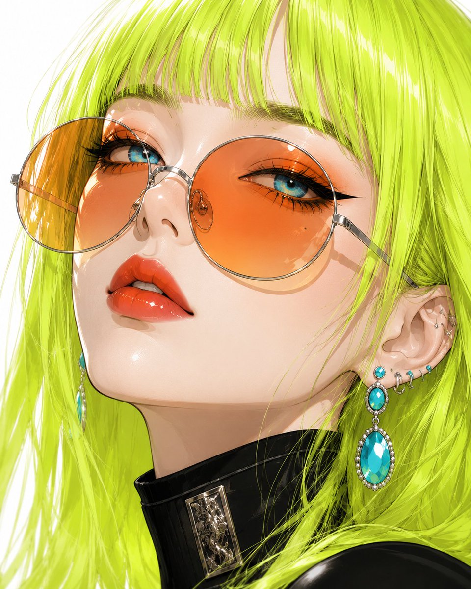 创作一幅超精细的奢华动漫美妆编辑级肖像，描绘一位时尚年轻女性：瓷白无瑕的肌肤、如丝般顺滑的霓虹电光酸橙色长发剪以齐整的平刘海，配以惊艳的水蓝色双眸，眼线以戏剧…
