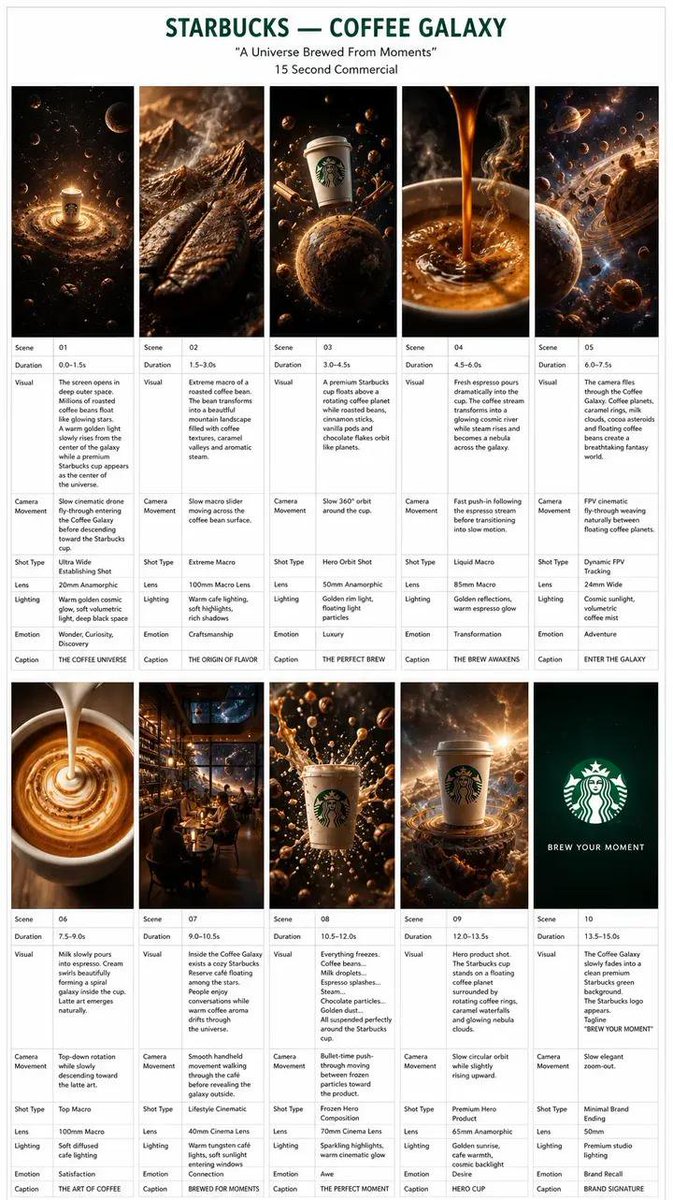 创作一部 15秒 超写实好莱坞商业广告，片名为《STARBUCKS — COFFEE GALAXY（星巴克 — 咖啡星系）》，副标题为《A Universe Brewed Fro…