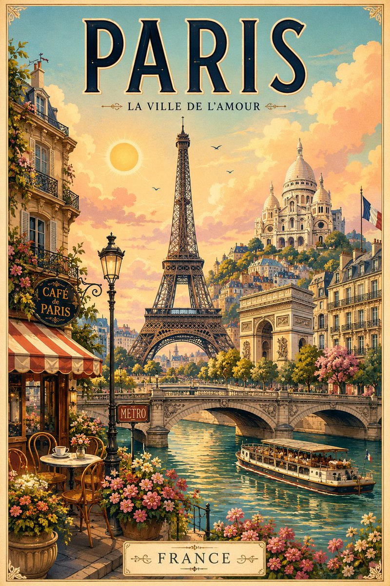 复古插画旅行海报 为 [DESTINATION] 创作一幅迷人的竖版插画旅行海报，灵感来自色彩缤纷的复古欧洲旅游海报、异想天开的童话故事插画以及经典的旅行明信片。 在顶部添加醒目…