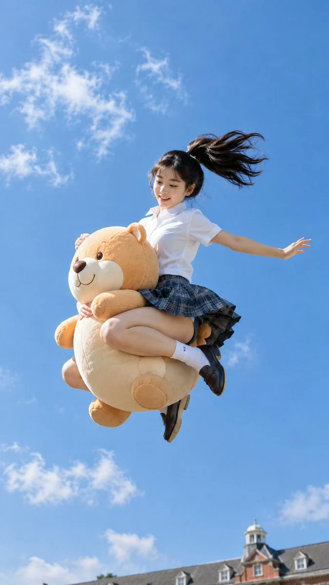 创建一张 9:16 比例的写实户外照片,内容为一位 20 岁的东亚女大学生在相机上方高高跃起。 角色: 自然、生动的面部,无面具,写实的皮肤质感,黑色高马尾带有松散飞扬的发丝,洋…