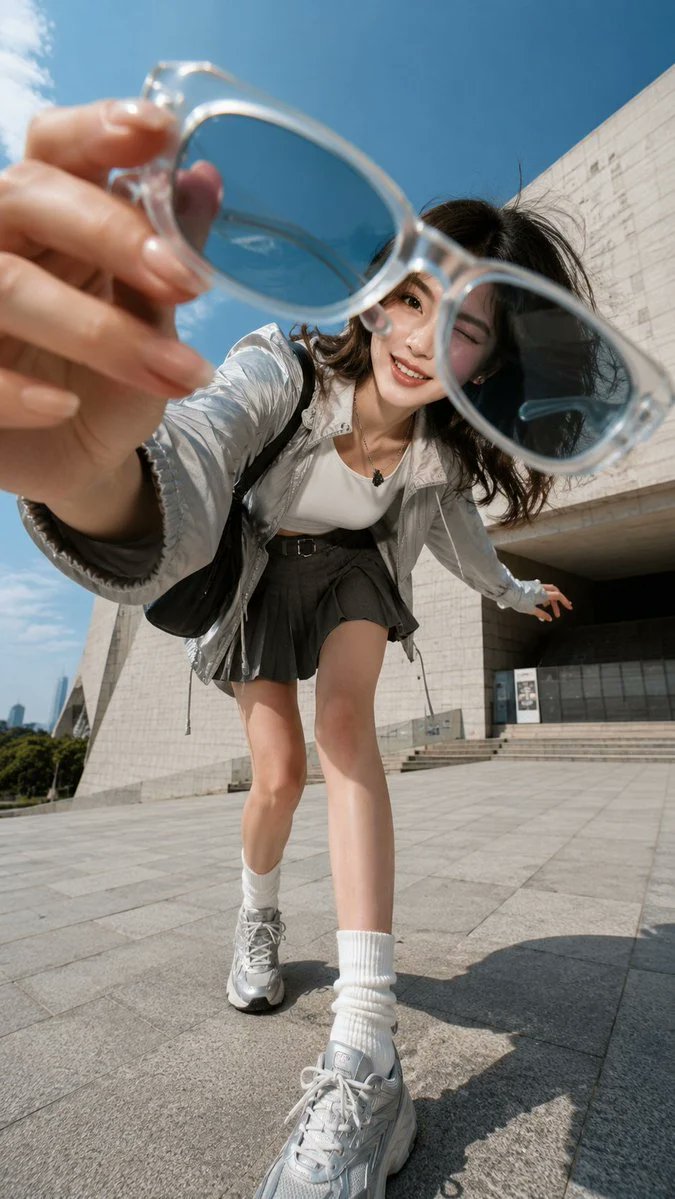 [主体] 一位具有自然、真实外观的成年年轻女性 [服装] 指定服装、鞋子和配饰 [场景] 指定城市桥梁、广场、网球场、地铁台阶等 [动作] 指定伸手朝向镜头、靠近镜头、伸出一条腿…