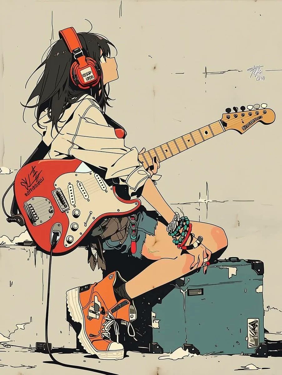 极简动漫插画：一位时髦的青少年女孩坐在一台复古吉他音箱上，弹奏着珊瑚橙色的 Fender Stratocaster 电吉他，头戴超大红色耳机，身穿超大米色连帽衫、宽松牛仔短裤、松…