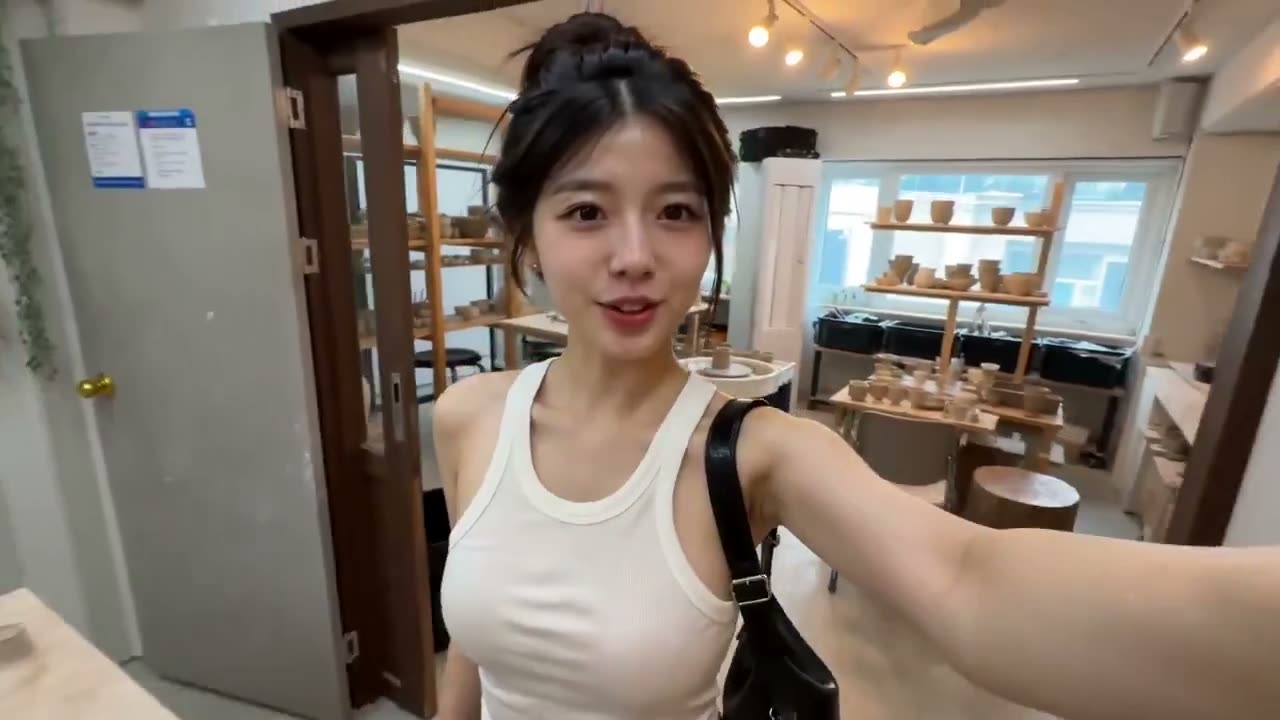 一段照片般逼真的智能手机自拍Vlog，看起来像是一位年轻女性（image = 她的脸和头发）在第一次陶艺课上用真实的手机随手拍摄的。自然的手机手持运动，带有细…