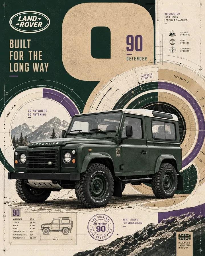 高冲击力汽车海报，主角为 [VEHICLE]（车辆），采用锐利的侧前部四分之三视角，置于画面下半部分，被密集的轨道式构图环绕——包括同车轮等大的同心圆、分段式…