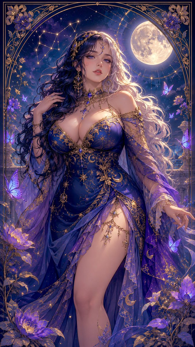 一位美丽、胸部丰满、体态丰腴的女子,长长的波浪式分色染发如瀑布般披落于双肩,站在月光照耀下闪耀着点点星辉的璀璨夜空下。她身着一袭华美的飘逸长裙,裙面上织有天体纹样、精致的金色花丝…