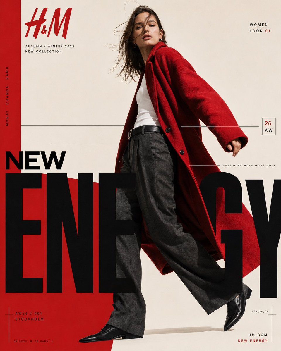 H&M — “NEW ENERGY / AW26” 当代时尚编辑海报 格式 4:5 竖版 | 超高分辨率 | 完成的平面设计海报 高端国际 H&M 2026…