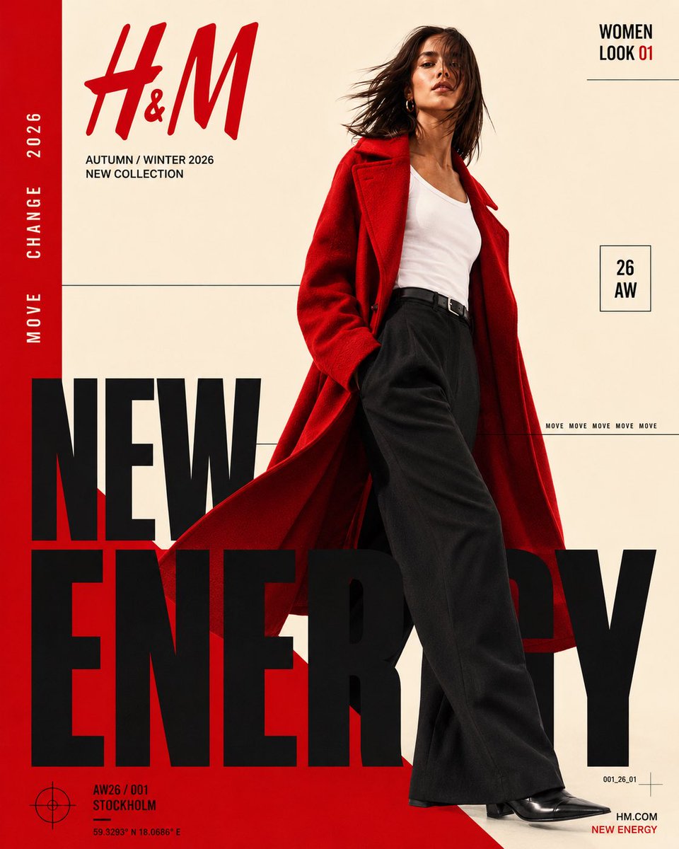 H&M — “NEW ENERGY / AW26” 当代时尚编辑海报 格式 4:5 竖版 | 超高分辨率 | 完成的平面设计海报 高端国际 H&M 2026 秋冬时尚 campa…