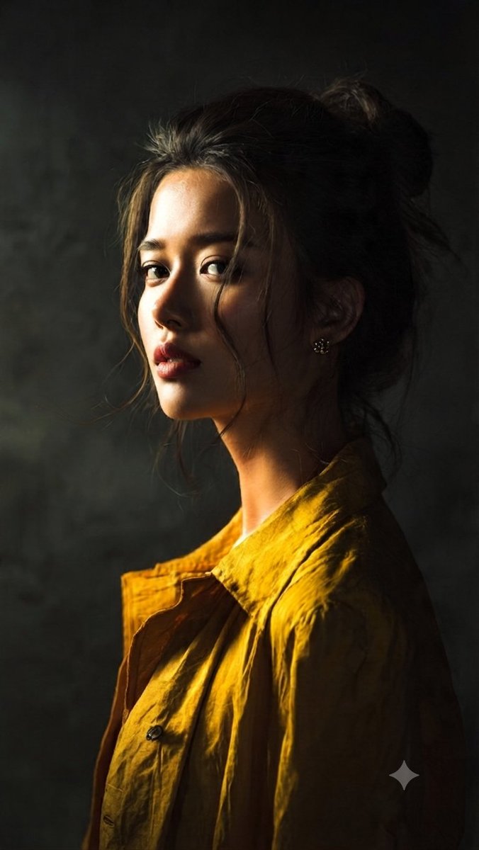 一张戏剧性的中景人像照：深色头发随意盘成发髻，几缕松散的发丝垂落在脸颊两侧。她以侧脸入镜，思绪万千地回头凝望。她身穿一件质感粗犷的芥末黄纽扣衬衫，温暖的侧光勾…