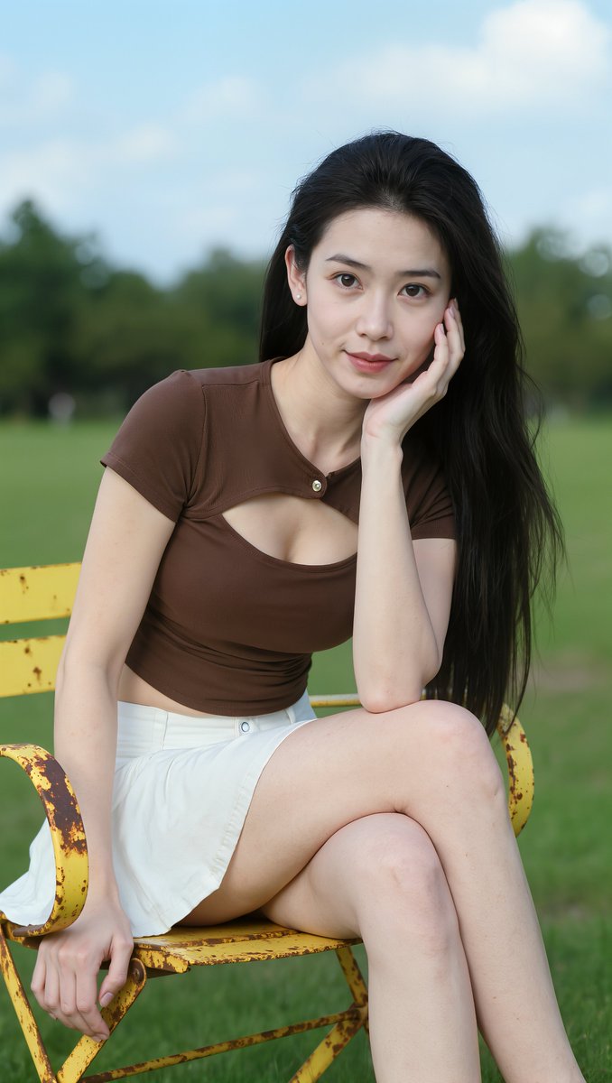 [Kling 提示词] 一张照片写实风格的年轻东亚女性肖像，长直黑色头发，白皙肌肤，淡妆自然，嘴角轻柔闭合微笑，坐在户外的公园椅子上，椅子为带有锈迹油漆的泛黄旧金属材质。她身穿一…