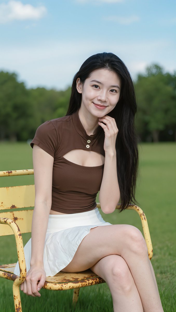 [Kling 提示词] 一张照片写实风格的年轻东亚女性肖像，长直黑色头发，白皙肌肤，淡妆自然，嘴角轻柔闭合微笑，坐在户外的公园椅子上，椅子为带有锈迹油漆的泛黄旧金属材质。她身穿一…
