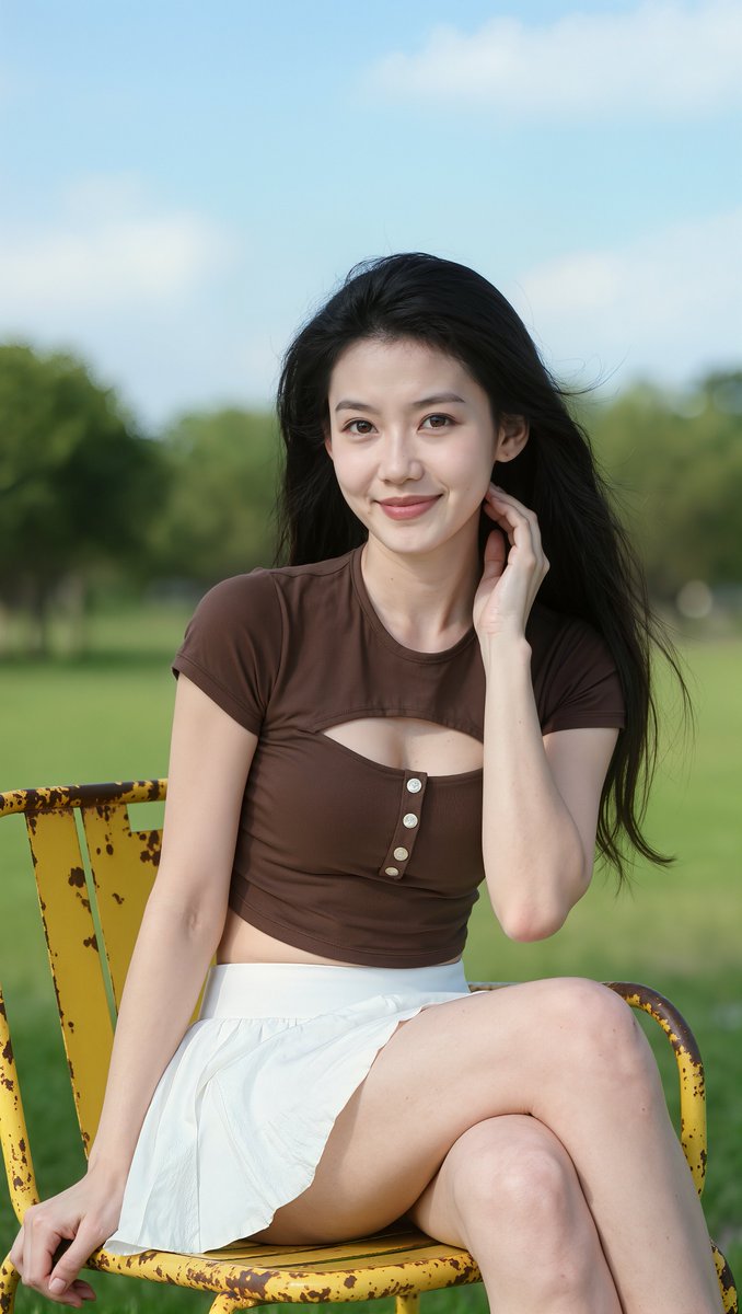 [Kling 提示词] 一张照片写实风格的年轻东亚女性肖像，长直黑色头发，白皙肌肤，淡妆自然，嘴角轻柔闭合微笑，坐在户外的公园椅子上，椅子为带有锈迹油漆的泛黄旧金属材质。她身穿一…
