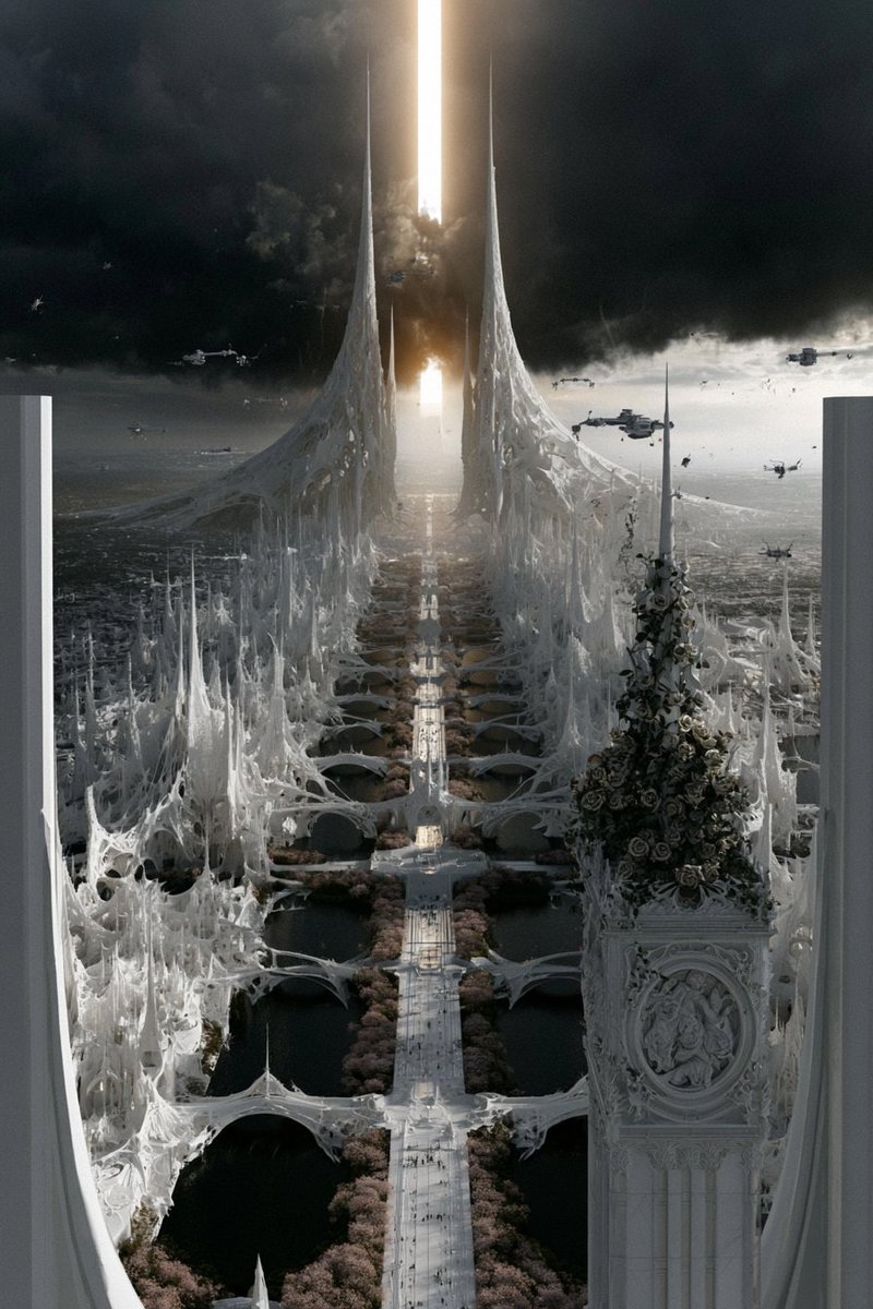 超现实的生物有机奇幻科幻3D渲染，蔓延的未来主义哥特巨型都市，由骨质白色的生物机械尖塔建造而成，形态类似融化的蜡或珊瑚结构，两座高耸的双子针状尖塔刺穿消失点处的风暴云，沿宽阔中央…