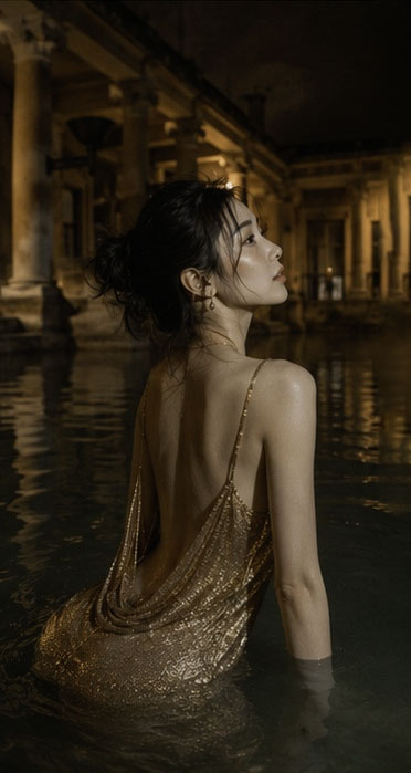GPT Image 2 on ChatGPT Rome Bath｜4 Prompt ⬇️⬇️⬇️ 一位年轻成年东亚女性站在英国巴斯古罗马浴场的温泉池中，画面从头顶拍至水下臀部附近…