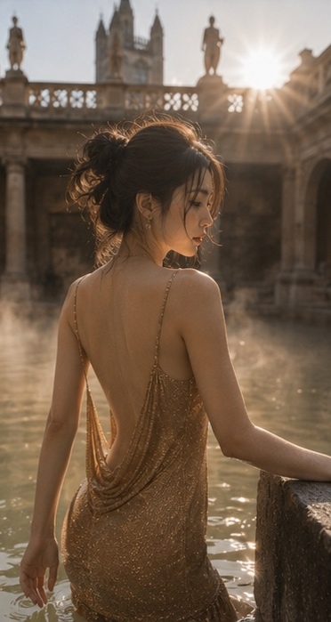 GPT Image 2 on ChatGPT Rome Bath｜4 Prompt ⬇️⬇️⬇️ 一位年轻成年东亚女性站在英国巴斯古罗马浴场的温泉池中，画面从头顶拍至水下臀部附近…