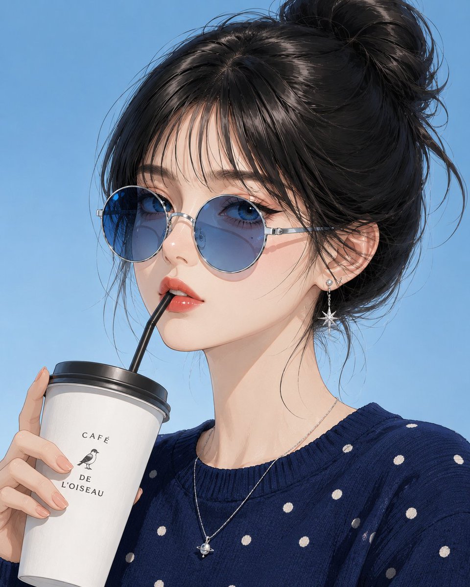 创作一幅超精细的动漫时尚编辑风格人像肖像：一位时尚年轻女性，拥有无瑕的瓷器般肌肤、深蓝色双眸、光泽珊瑚色唇妆，以及如丝般柔顺的乌黑长发，梳成随性高耸蓬松的发髻…