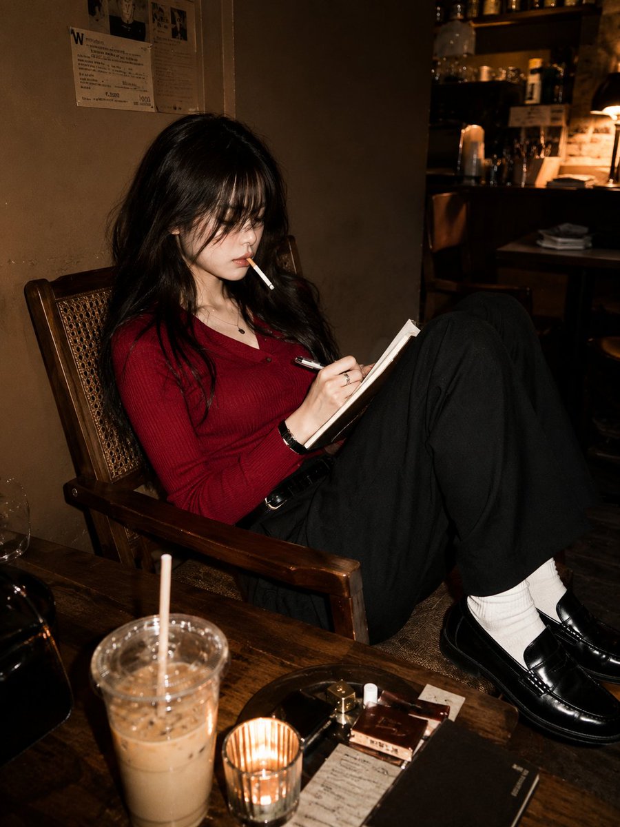 超写实电影感编辑级人像：一位极其美丽的年轻日本女性，拥有令人着迷的深棕色眼眸与飘逸丝滑的乌黑长发，随意地坐在一家温馨的奢华咖啡馆中。她靠在复古木椅上，单膝微抬…