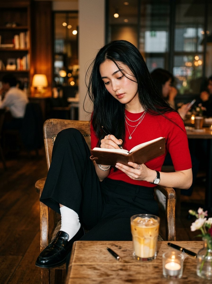 超写实电影感编辑级人像：一位极其美丽的年轻日本女性，拥有令人着迷的深棕色眼眸与飘逸丝滑的乌黑长发，随意地坐在一家温馨的奢华咖啡馆中。她靠在复古木椅上，单膝微抬，在一本精致的皮质笔…