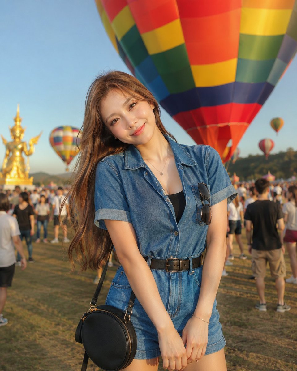 黄金时段,在色彩缤纷的热气球节上,一位美丽的年轻东亚女性甜美微笑的生动户外肖像。她拥有自然飘垂的丝滑浅棕色长发、白皙透亮的肌肤、柔和的玫瑰色面颊、温暖的棕色眼睛、细腻的裸妆以及光…