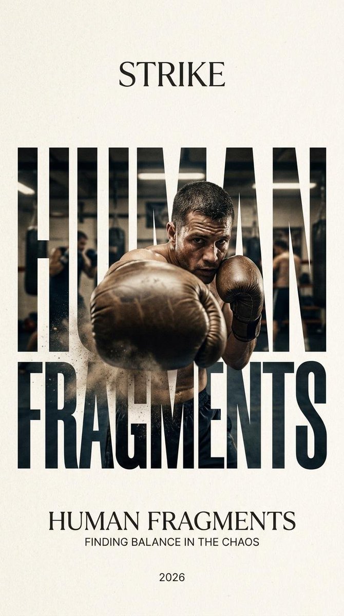 创建一个 9:16 比例的编辑海报,使用 HUMAN FRAGMENTS 视觉系统。 主题:[Theme] 主体:[Subject Description] 动作:[Action…