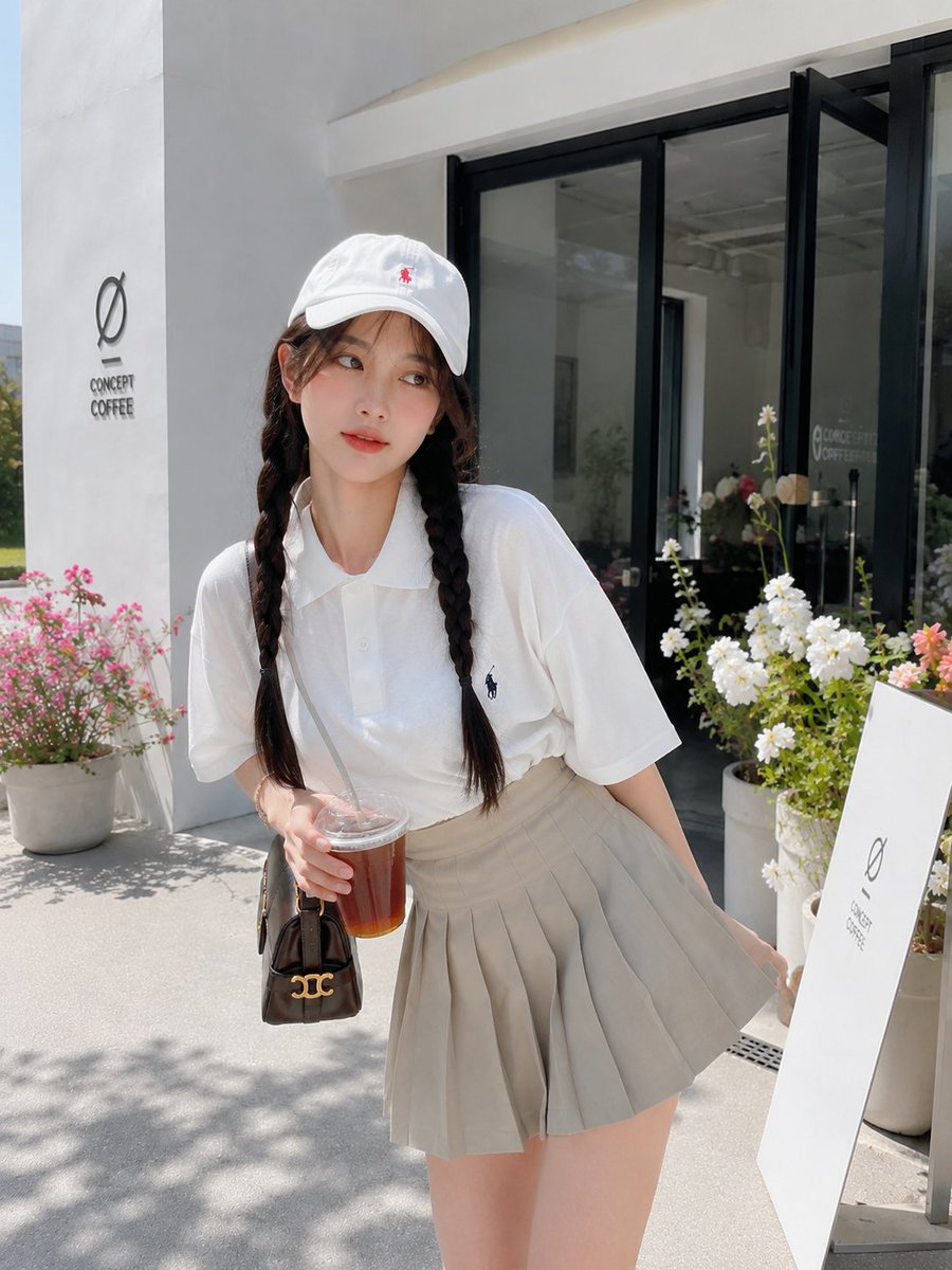 一张迷人的、照片写实风格的生活方式人像照：一位美丽的年轻日本女性，在晴朗的阳光下，于一家现代极简风格的咖啡馆外俏皮地摆姿势。她微微前倾，在脸旁俏皮地比出可爱的…
